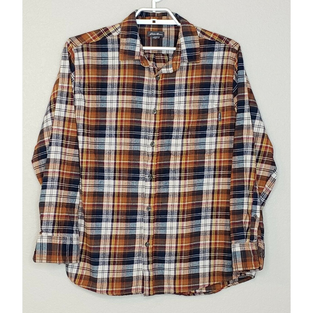 Eddie Bauer Mens Shirt Large L/S Multicolor Plaid Collared Button Down Pockets